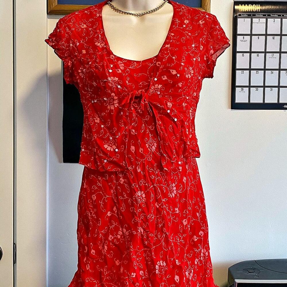 Red floral silk dress and